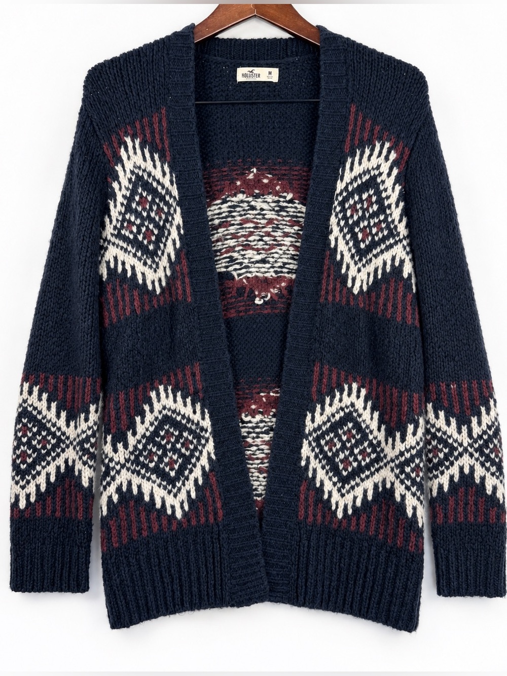 Hollister Fair Isle Wool Blend Chunky Open Cardigan Navy Burgundy M